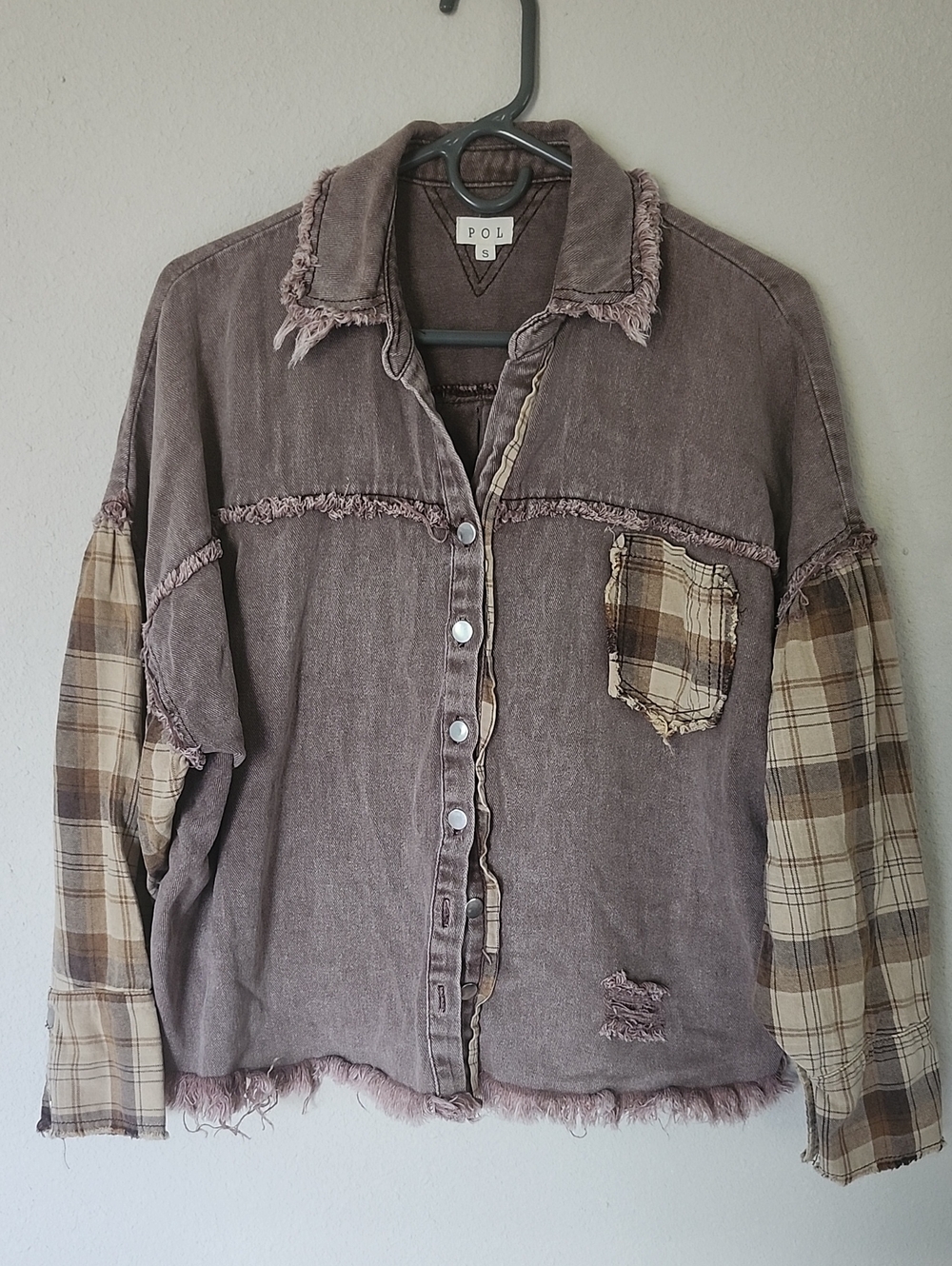 POL Mauve-Brown Distressed Jean Jacket with Plaid Sleeves